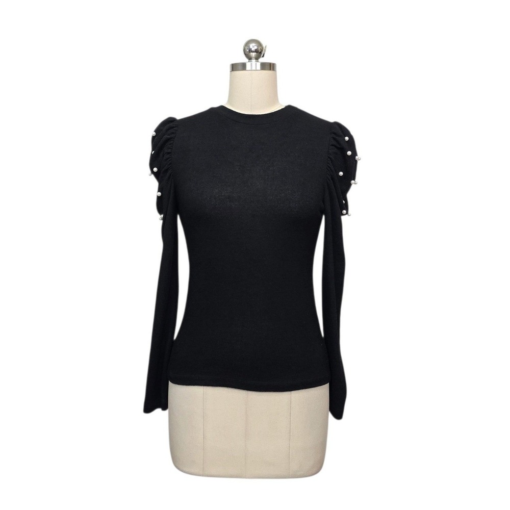 Pomander Place Black Pearl Embellished Puff Sleeve Knit Top Womens Size XS